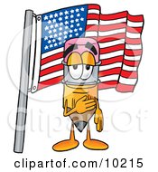 Pencil Mascot Cartoon Character Pledging Allegiance To An American Flag