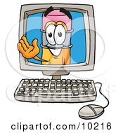 Pencil Mascot Cartoon Character Waving From Inside A Computer Screen