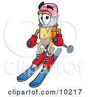 Poster, Art Print Of Pencil Mascot Cartoon Character Skiing Downhill