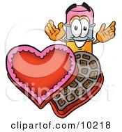 Pencil Mascot Cartoon Character With An Open Box Of Valentines Day Chocolate Candies