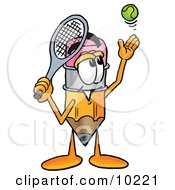 Pencil Mascot Cartoon Character Preparing To Hit A Tennis Ball