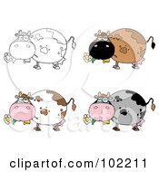Royalty Free RF Clipart Illustration Of A Digital Collage Of Four Cows Eating Flowers 2