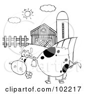 Royalty Free RF Clipart Illustration Of An Outlined Spotted Cow Eating A Daisy Near A Barn And Silo