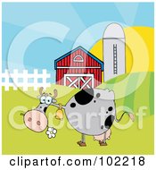 Poster, Art Print Of Spotted Gray Cow Eating A Daisy Near A Barn And Silo