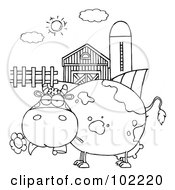 Poster, Art Print Of Outlined Chubby Cow Eating A Daisy By A Silo And Barn