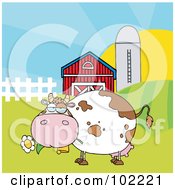 Royalty Free RF Clipart Illustration Of A Chubby White Cow Eating A Daisy By A Silo And Barn