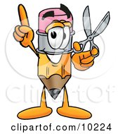Pencil Mascot Cartoon Character Holding A Pair Of Scissors
