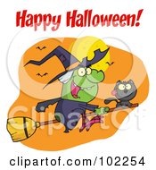 Royalty Free RF Clipart Illustration Of A Happy Halloween Greeting Over A Witch And Cat