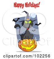 Royalty Free RF Clipart Illustration Of A Happy Holidays Greeting Over A Cat And Pumpkin