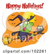 Royalty Free RF Clipart Illustration Of A Happy Holidays Greeting Over A Halloween Witch And Cat