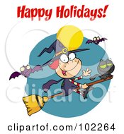 Royalty Free RF Clipart Illustration Of A Happy Holidays Greeting Over A Little Halloween Cat And Witch