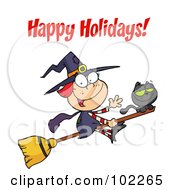 Royalty Free RF Clipart Illustration Of A Happy Holidays Greeting Over A Little Halloween Witch