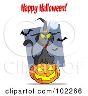 Royalty Free RF Clipart Illustration Of A Happy Halloween Greeting Over A Cat And Pumpkin