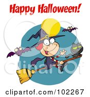 Royalty Free RF Clipart Illustration Of A Happy Halloween Greeting Over A Witch And Cat With Bats