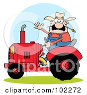 Caucasian Farmer Waving And Driving A Red Tractor