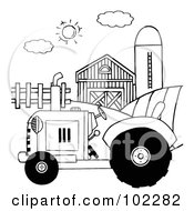 Royalty Free RF Clipart Illustration Of An Outlined Farm Tractor In A Pasture Near A Barn And Silo by Hit Toon