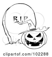 Royalty Free RF Clipart Illustration Of An Outlined Jack O Lantern By A Tombstone