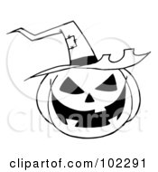 Poster, Art Print Of Black And White Outline Of A Jack O Lantern Wearing A Witch Hat