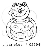 Poster, Art Print Of Coloring Page Outline Of A Happy Cat In A Pumpkin