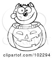 Royalty Free RF Clipart Illustration Of A Coloring Page Outline Of A Happy Cat In A Pumpkin by Hit Toon