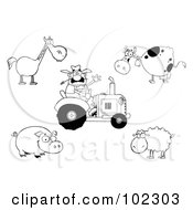 Poster, Art Print Of Digital Collage Of An Outlined Farmer On A Tractor With A Horse Cow Pig And Sheep