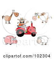 Poster, Art Print Of Digital Collage Of A Caucasian Farmer On A Tractor With A Horse Cow Pig And Sheep