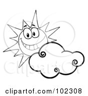 Royalty Free RF Clipart Illustration Of An Outlined Sunny Face Smiling Behind A Cloud
