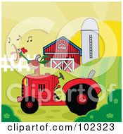 Poster, Art Print Of Rooster Crowing On A Tractor Near A Barn