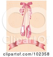 Poster, Art Print Of Satin Ballet Slippers Hanging Over A Blank Banner On Beige Stripes