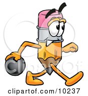 Pencil Mascot Cartoon Character Holding A Bowling Ball