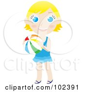 Poster, Art Print Of Blond Caucasian Summer Girl Holding A Beach Ball