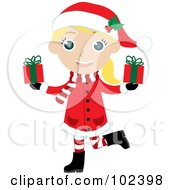 Blond Christmas Girl In A Red Coat Carrying Presents