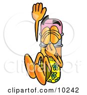 Pencil Mascot Cartoon Character Plugging His Nose While Jumping Into Water
