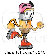 Clipart Picture Of A Pencil Mascot Cartoon Character Roller Blading On Inline Skates
