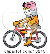 Pencil Mascot Cartoon Character Riding A Bicycle