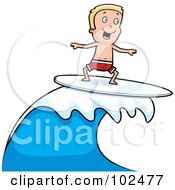 Poster, Art Print Of Happy Blond Boy Surfing And Riding A Wave