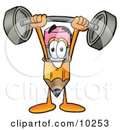 Pencil Mascot Cartoon Character Holding A Heavy Barbell Above His Head by Mascot Junction