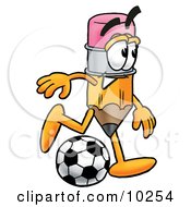 Pencil Mascot Cartoon Character Kicking A Soccer Ball by Mascot Junction