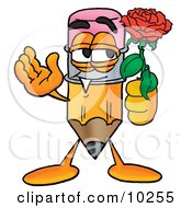 Pencil Mascot Cartoon Character Holding A Red Rose On Valentines Day