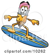 Poster, Art Print Of Pencil Mascot Cartoon Character Surfing On A Blue And Yellow Surfboard