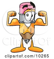 Clipart Picture Of A Pencil Mascot Cartoon Character Flexing His Arm Muscles