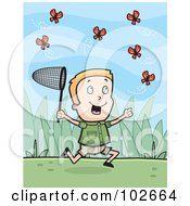 Happy Blond Boy Chasing Butterflies With A Net