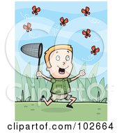 Poster, Art Print Of Happy Blond Boy Chasing Butterflies With A Net