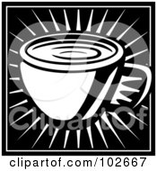 Royalty Free RF Clipart Illustration Of A Black And White Coffee Cup On A Burst by Cory Thoman