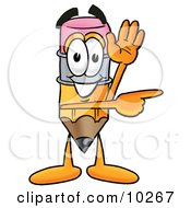 Clipart Picture Of A Pencil Mascot Cartoon Character Waving And Pointing