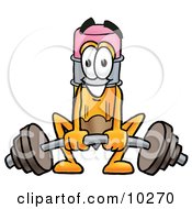 Clipart Picture Of A Pencil Mascot Cartoon Character Lifting A Heavy Barbell