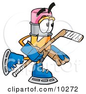 Poster, Art Print Of Pencil Mascot Cartoon Character Playing Ice Hockey