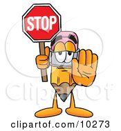 Poster, Art Print Of Pencil Mascot Cartoon Character Holding A Stop Sign