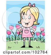 Poster, Art Print Of Little Blond Girl In Pink Her Hands On Her Hips In Front Of Tulips