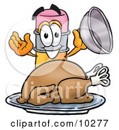 Poster, Art Print Of Pencil Mascot Cartoon Character Serving A Thanksgiving Turkey On A Platter